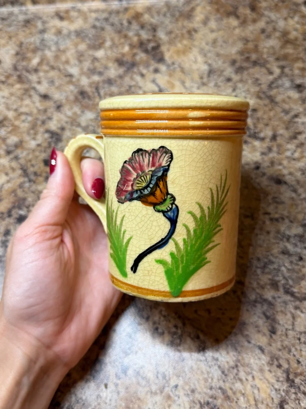 KORO Ceramic Spice Shaker Beige Floral Decorated Rustic Blue Accents